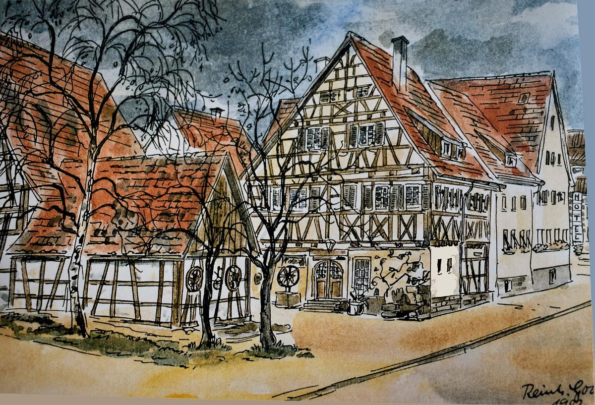 Hofanlage Hauptstraße 4, Aquarell von Reinhold Goos (1981)