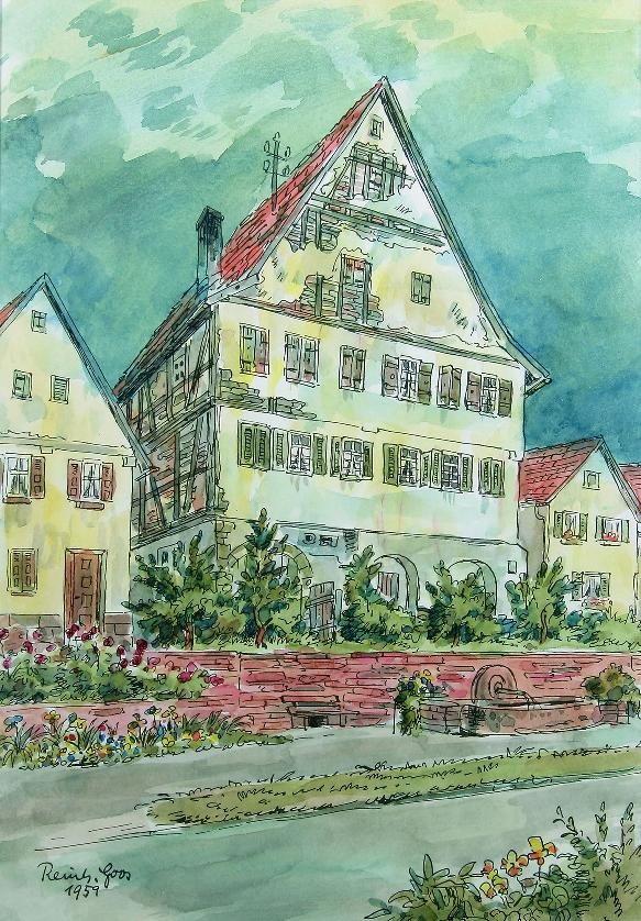 Das Große Haus, Aquarell von Reinhold Goos (1959), links davon die heutige Gaststätte „Im Wengert“.