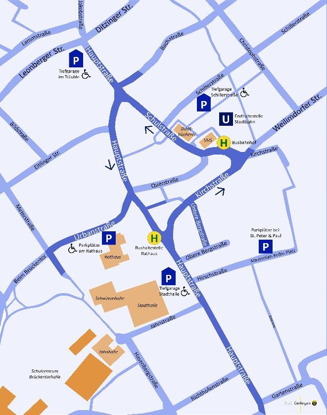 Straßenkarte Innenstadt mit Parkplätzen und Tiefgaragen Straßenkarte Innenstadt mit Parkplätzen und Tiefgaragen