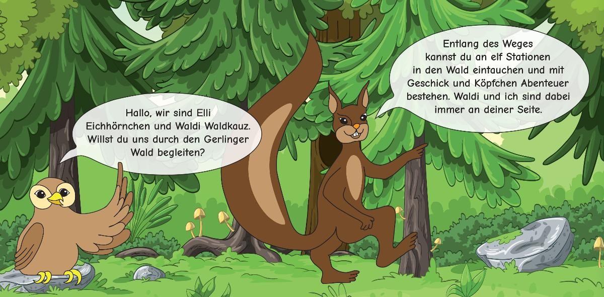 Tiere im Walderlebnispfad mit Sprechblasen Tiere im Walderlebnispfad mit Sprechblasen