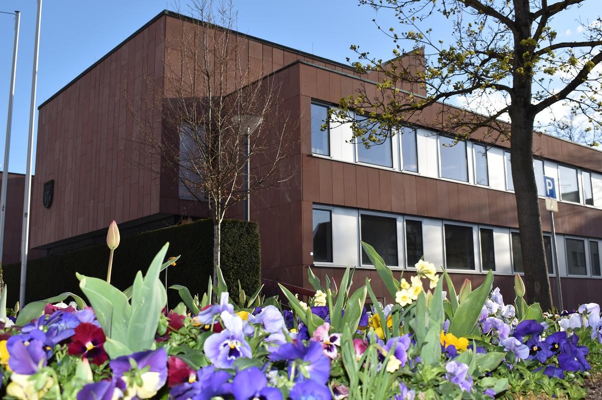 Rathaus mit Blumen im Vordergrund