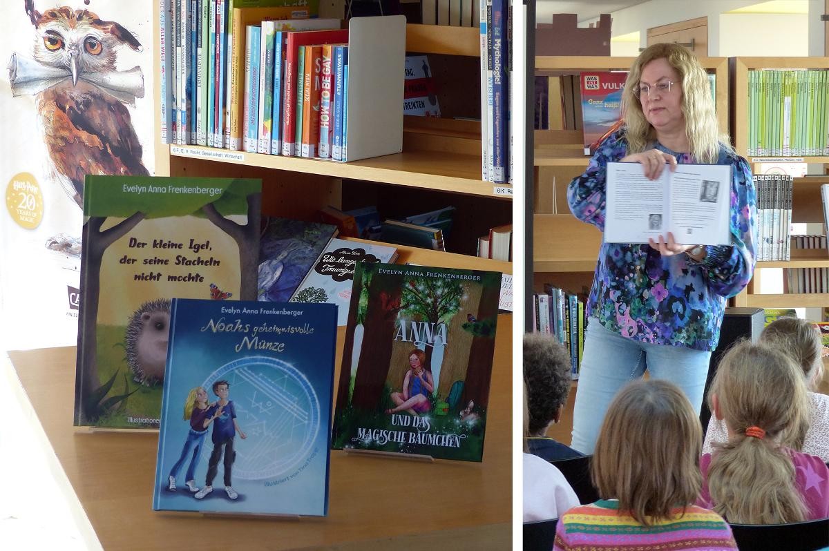 Kinderbücher in der Bücherei und Autorin Julie Leuze