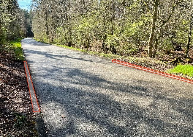 In regelmäßigen Abständen wurden im Krummbachtal die hohen Randsteine entfernt (rot markiert) zur Verbesserung der Amphibienwanderrouten