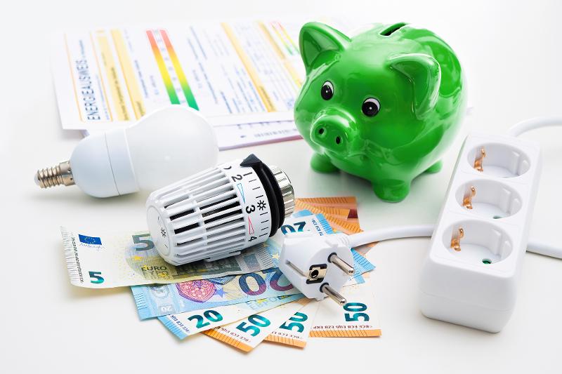 Sparschwein, Dreierstecker, Energiesparlampe, Geldscheine Sparschwein, Dreierstecker, Energiesparlampe, Geldscheine